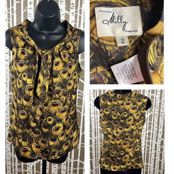 Milly Silk Peacock Feather Print Tie Neck Tank Top Blouse 2 - Picture 2 of 9